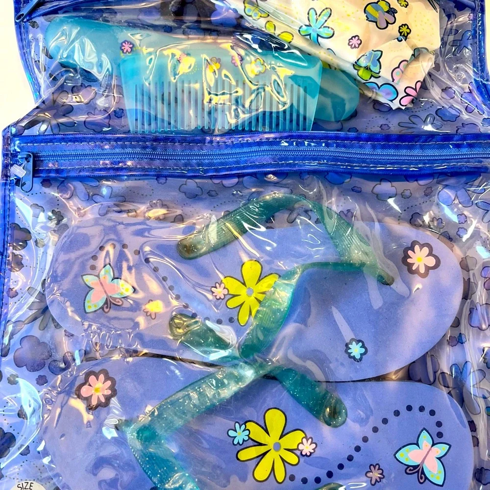 Tweens Roll Up Fun Blue Floral Toiletry Bag with Flip Flops! Brand New with Tags